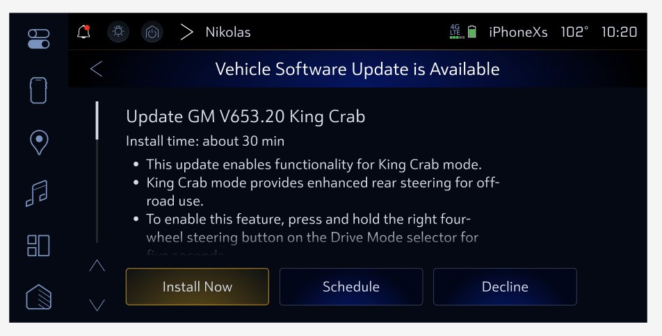 In-vehicle screen: Vehicle Software Update is Available. Update GM V653.20 King Crab, install time about 30 minutes, with bullets describing King Crab mode and how to enable it, and buttons for Install Now, Schedule, and Decline.