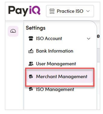 Settings menu with Merchant Management highlighted