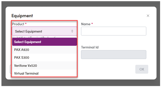 Product dropdown with Virtual Terminal option available