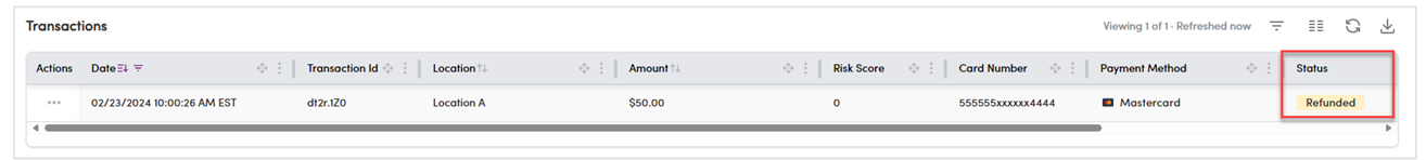 Transactions table showing Refunded status
