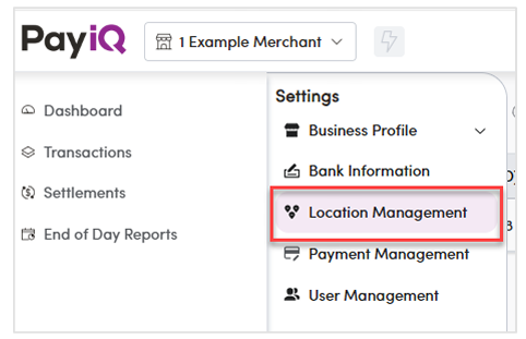 Location Management option under the Merchant