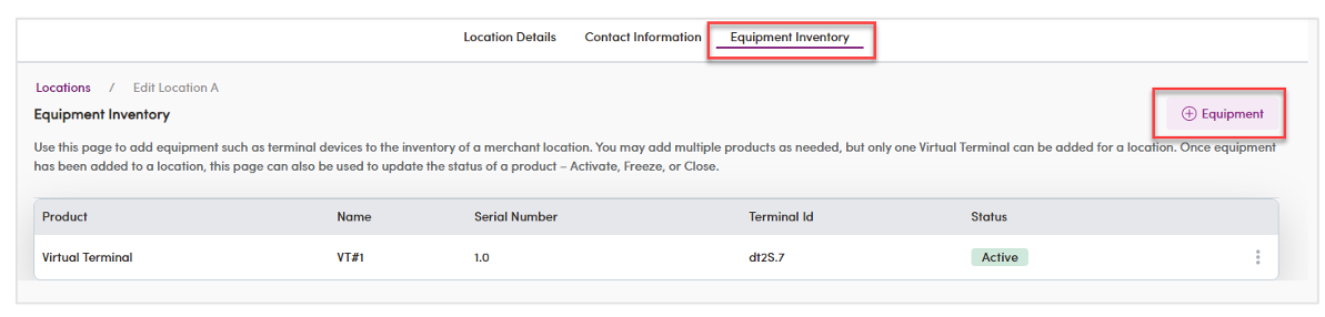 Equipment Inventory with Add Equipment button