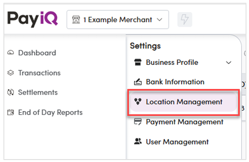Settings menu with Location Management