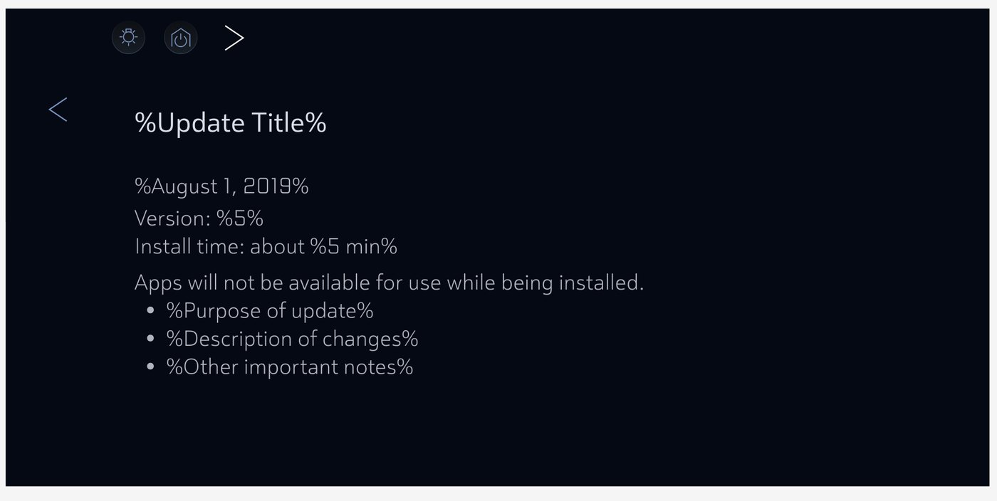 Update detail screen showing title, date, version, install time, a note that apps will not be available while installing, and bullets for purpose of update, description of changes, and other important notes.