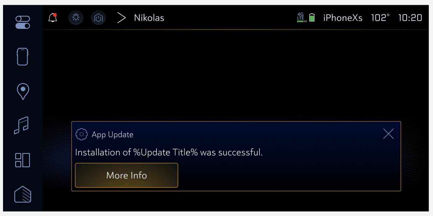 In-vehicle notification: Installation of the update was successful, with a More Info button.